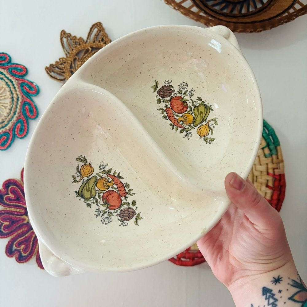 1980’s Divided Ceramic Serving Bowl with Mushroom & Vegetable Pattern